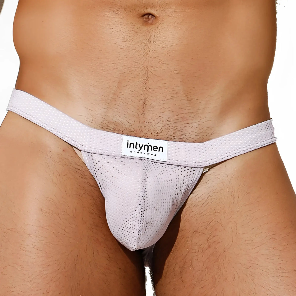 Light gray mesh Intymen INI034 bikini briefs with white waistband featuring Intymen underwear label visible from front