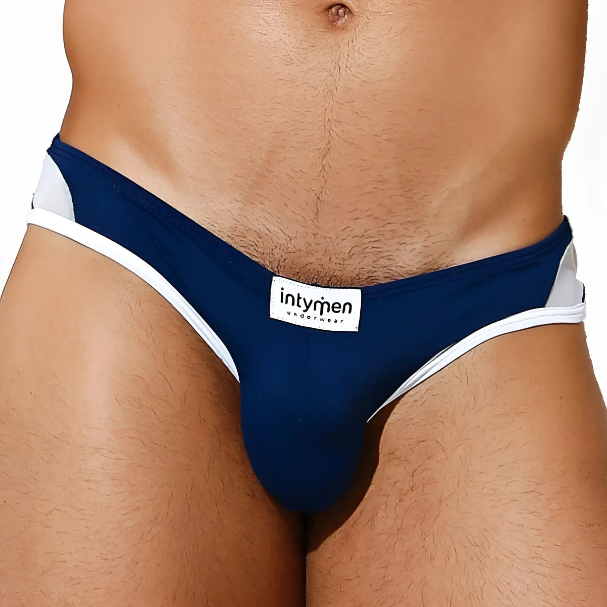 Navy blue and white intymen ini035 bikini brief with contoured design for comfortable everyday wear