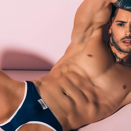 Navy blue Intymen INI035 bikini brief with white trim and small branded label on the waistband for men