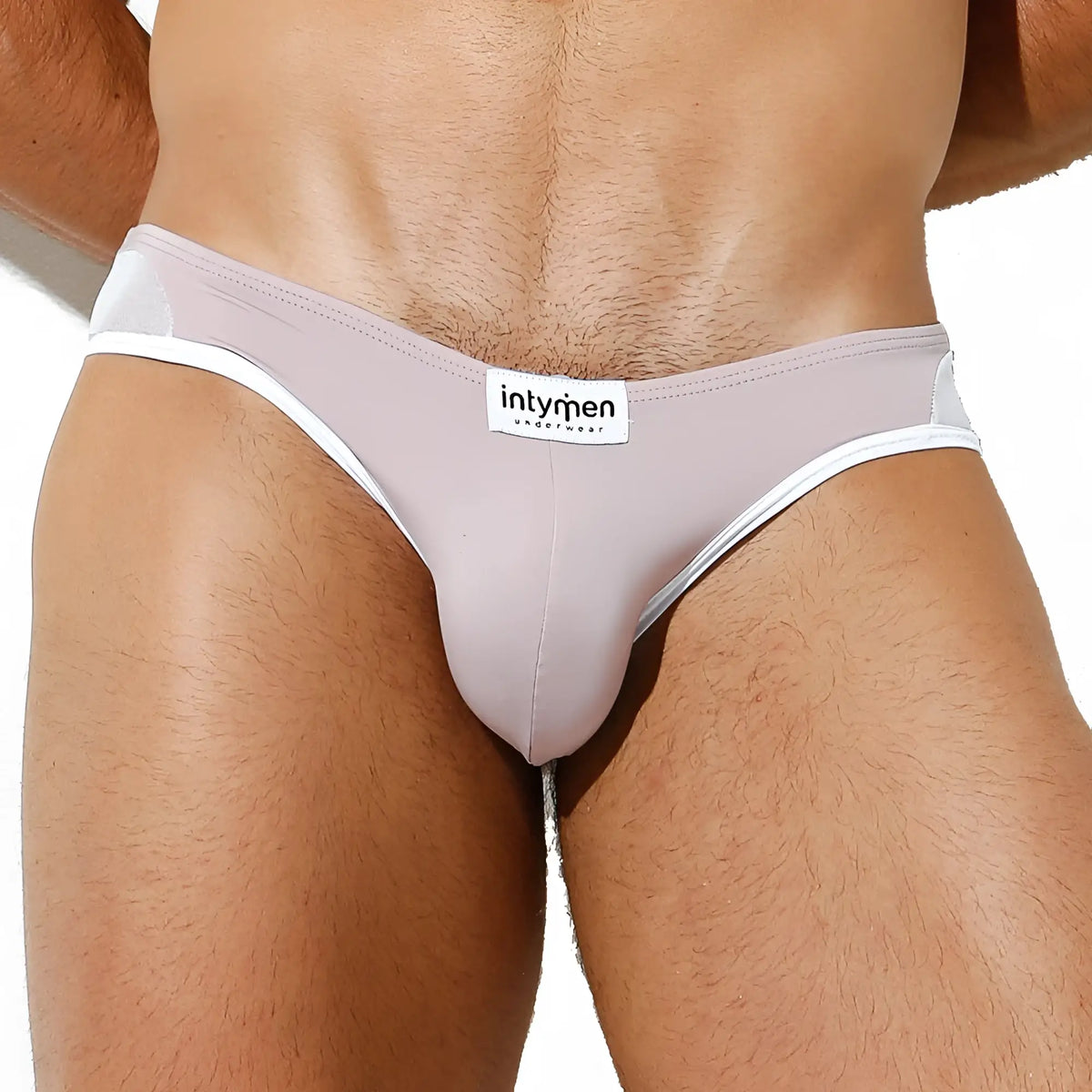 Intymen ini035 bikini brief in light gray with white trim and subtle mesh side panel for breathable comfort