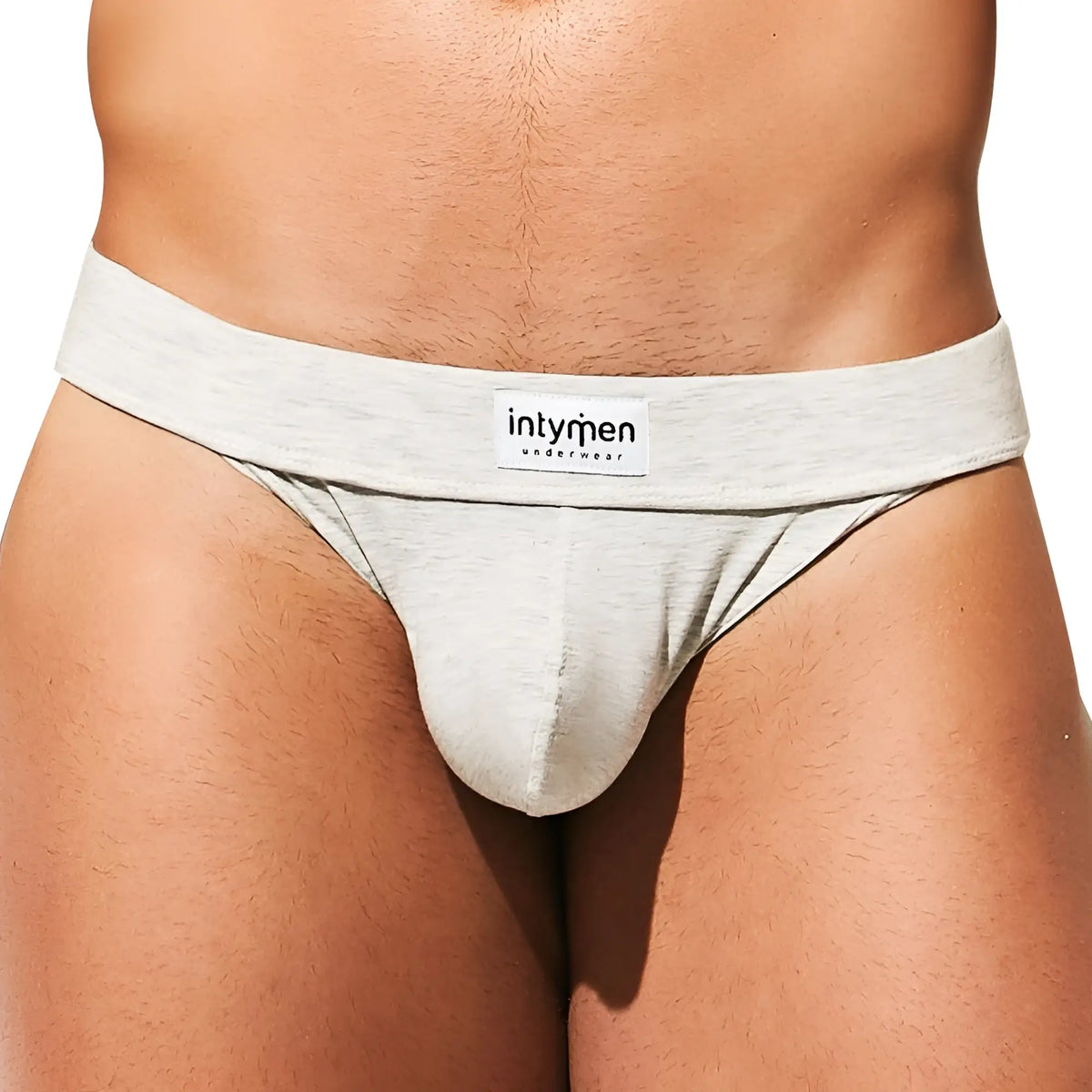Light gray heathered cotton Intymen INI036 bikini briefs with white waistband label for comfortable underwear wear