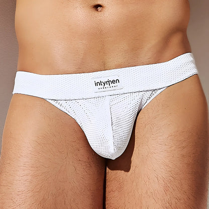 White mesh Intymen INI037 bikini briefs with a branded waistband showing the front side of the product