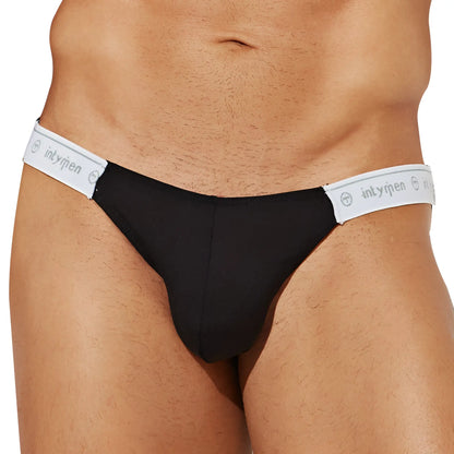 Black Intymen INI039 bikini brief with white elastic waistband featuring Intymen brand logo