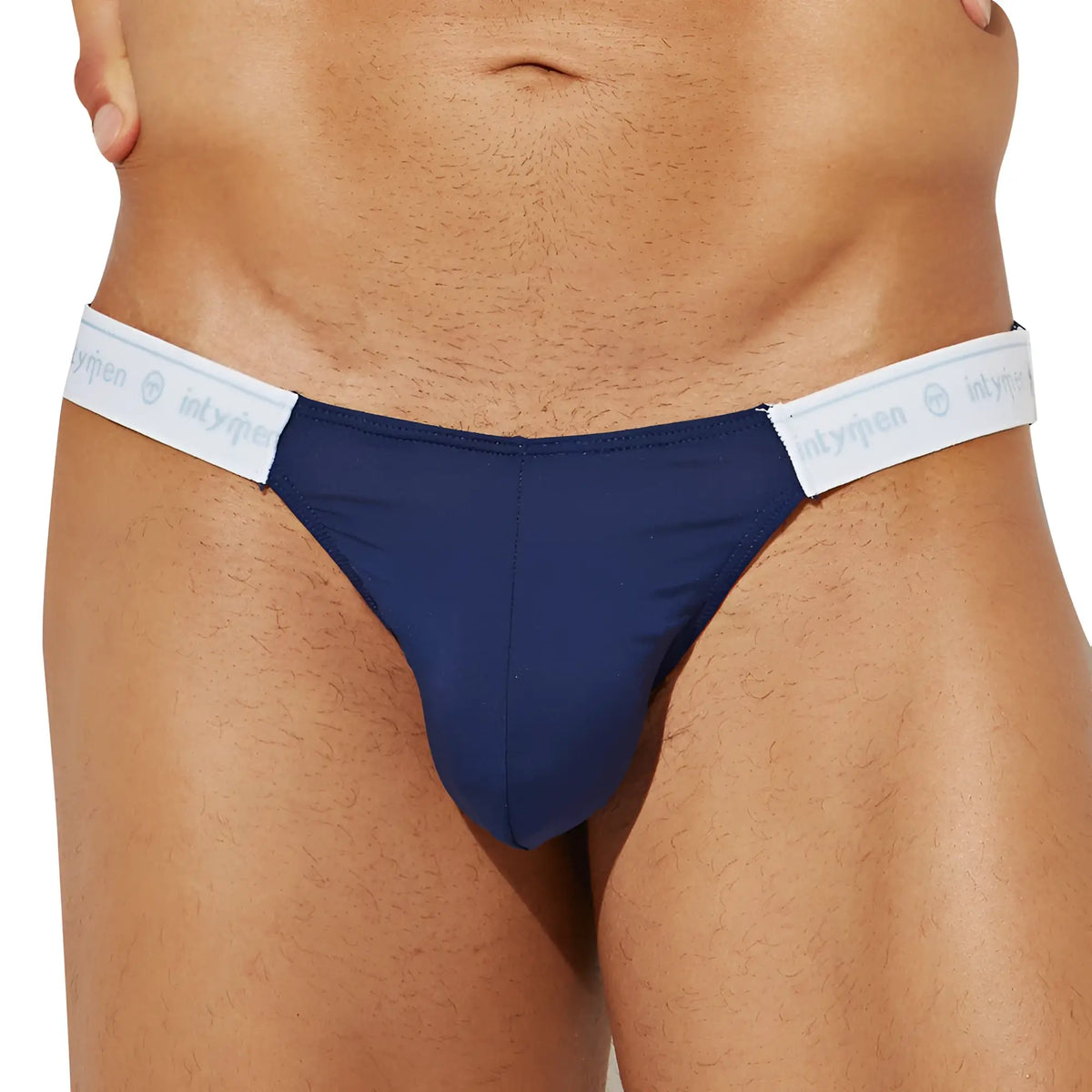 Navy blue intymen ini039 bikini brief with white elastic waistband featuring intypen brand logo visible from front