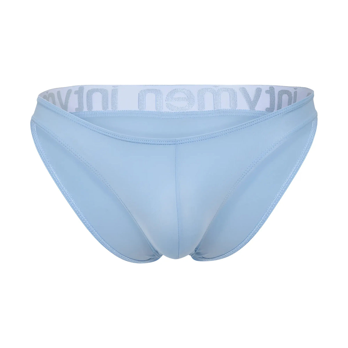 Light blue menâ€™s briefs with white elastic waistband featuring nemys logo in gray called Intymen INI045 Bikini