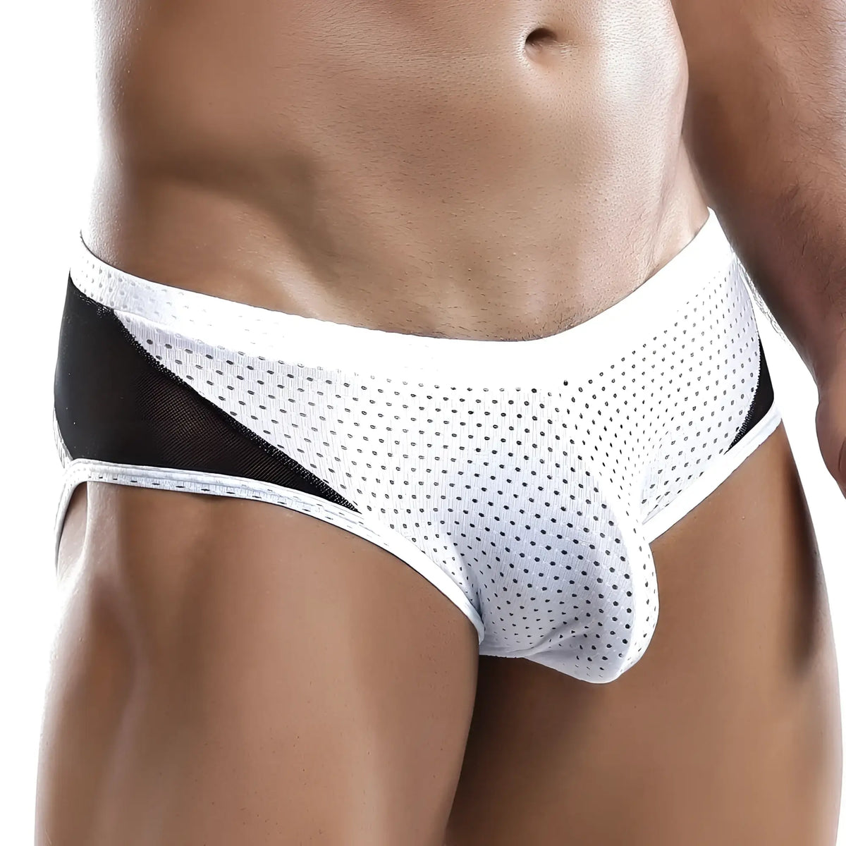 White and black perforated mesh briefs with sleek athletic design from Intymen INJ027 brief collection