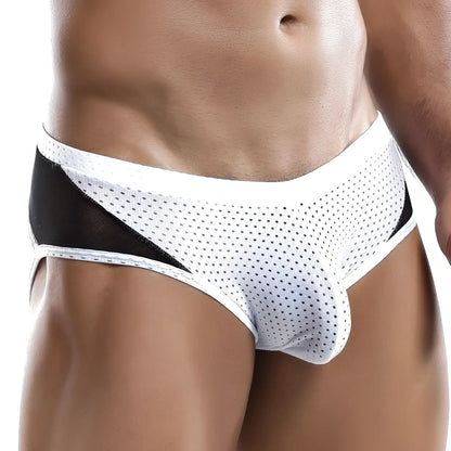 White and black perforated mesh briefs with sleek athletic design from Intymen INJ027 brief collection