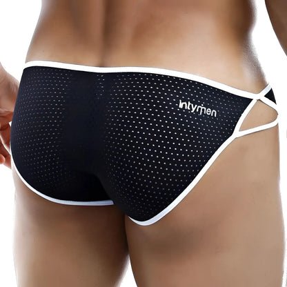 Black mesh briefs with white trim and intymen brand logo in the Intymen INJ031 Brief product