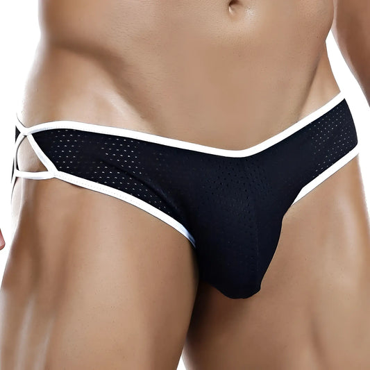 Black mesh briefs with white trim and crisscross side straps by Intymen INJ031 brief for stylish comfort
