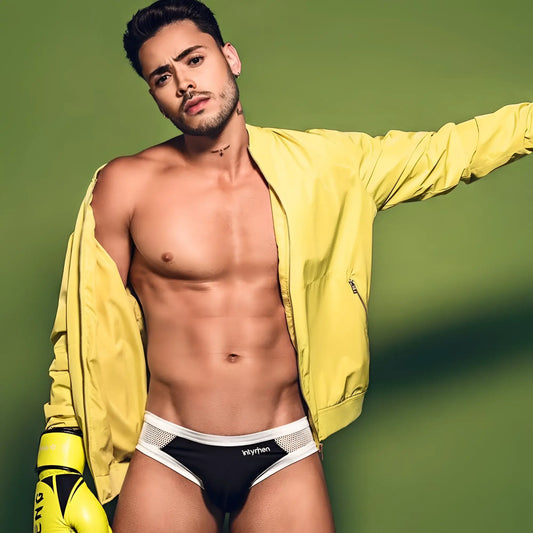 Black and white mesh-trimmed Intymen INJ055 brief with intyrfen branding in a stylish and breathable design