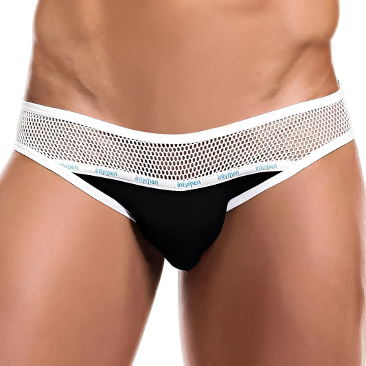Black and white mesh briefs with branded waistband by Intymen INJ057 for breathable everyday comfort
