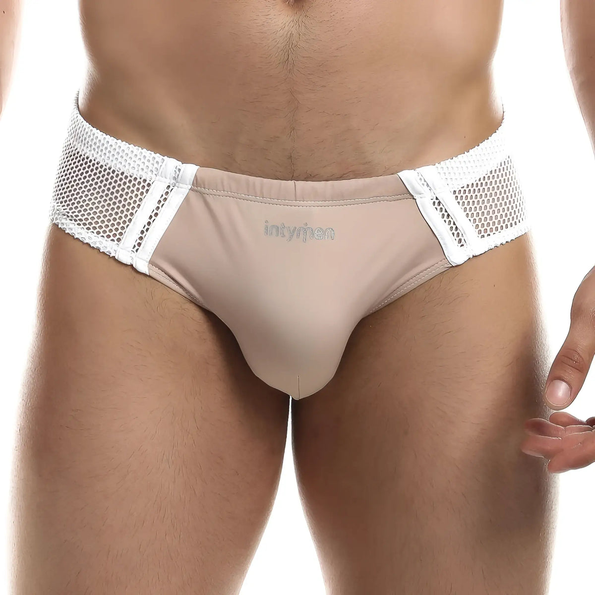 Beige mesh trimmed menâ€™s briefs with white elastic waistband and innyman branding intymen inj060 brief