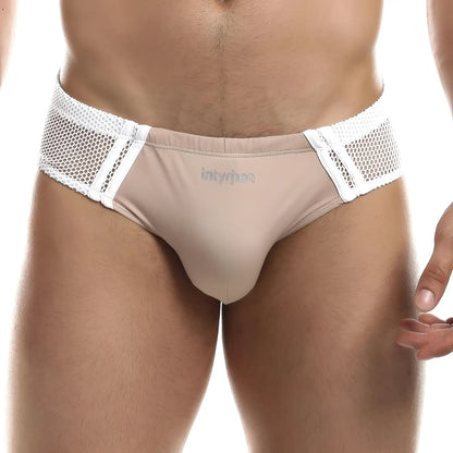 Beige mesh trimmed menâ€™s briefs with white elastic waistband and innyman branding intymen inj060 brief
