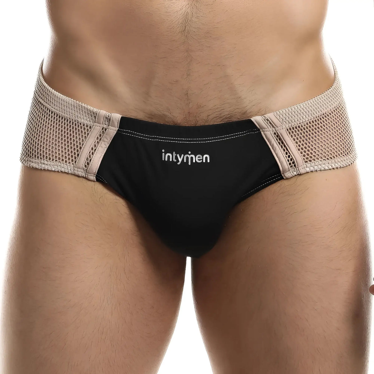 Intymen INJ060 brief in black and beige mesh trim with intymen branding made of breathable fabric