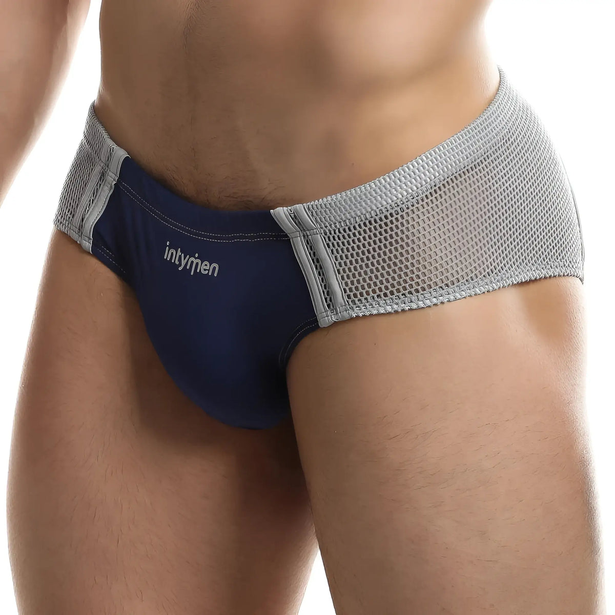 Intymen INJ060 brief navy blue and gray mesh with a sleek form-fitting design for comfortable wear