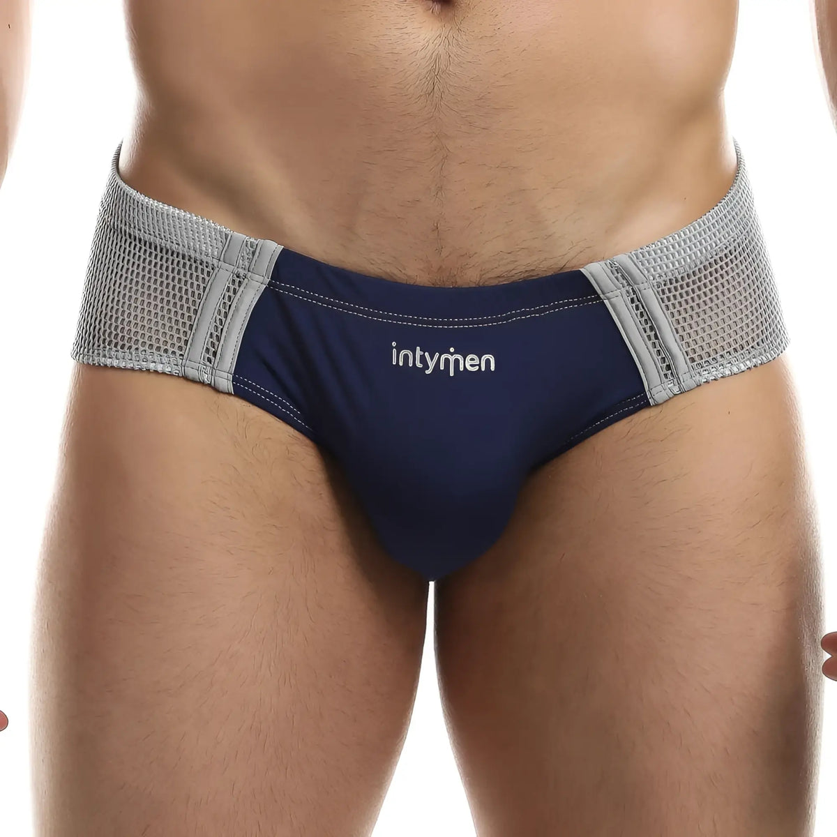Navy blue and gray mesh-trimmed Intymen INJ060 briefs featuring breathable fabric and branded waistband