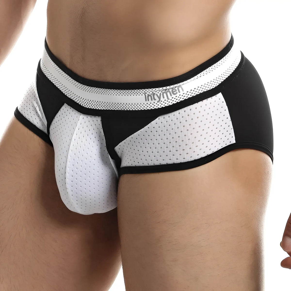 Black and white mesh briefs with perforated design and intymen branded waistband intymen inj061 brief