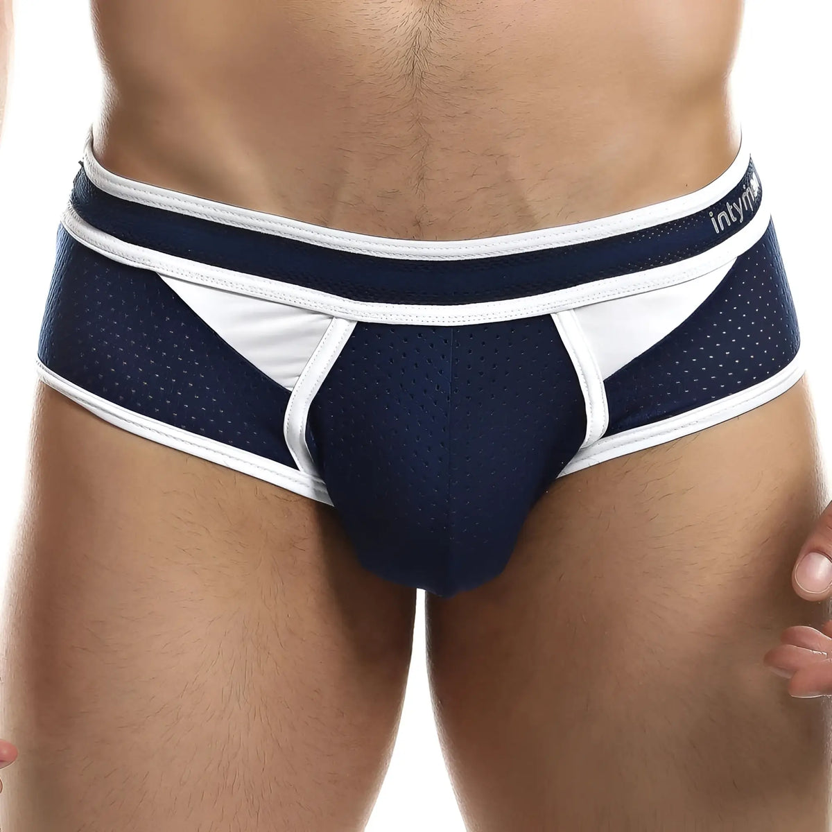 Navy blue and white mesh athletic briefs with branded waistband from Intymen INJ061 brief product line