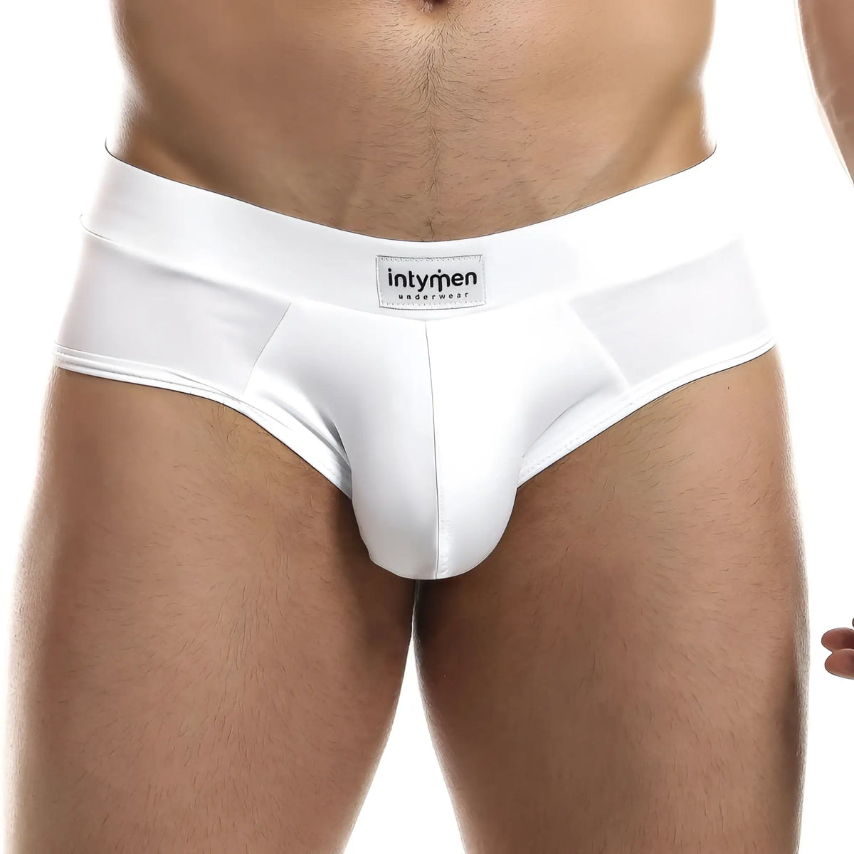 White intymen inj062 brief underwear with smooth form-fitting design and branded label on waistband front side