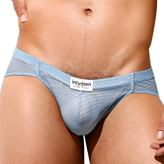 Light blue sheer mesh Intymen INJ069 brief with subtle diagonal stripe pattern and branded label on front side