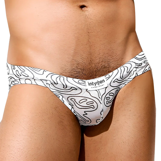White briefs with black abstract line art pattern and intymen brand label featuring in tymen inj071 brief design