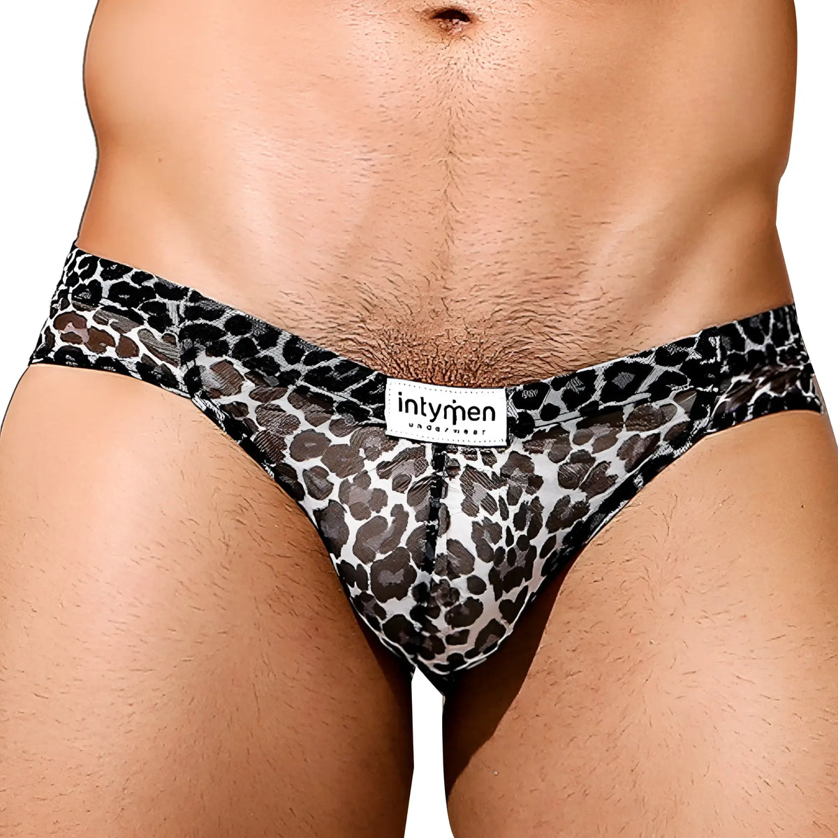 Black and gray leopard-print mesh briefs by intymen in the style INJ072 showcasing a sheer design