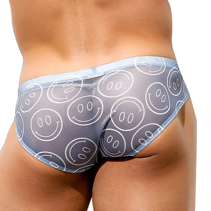 Gray transparent briefs by Intymen INJ075 featuring a repeating pattern of white outlined smiley faces