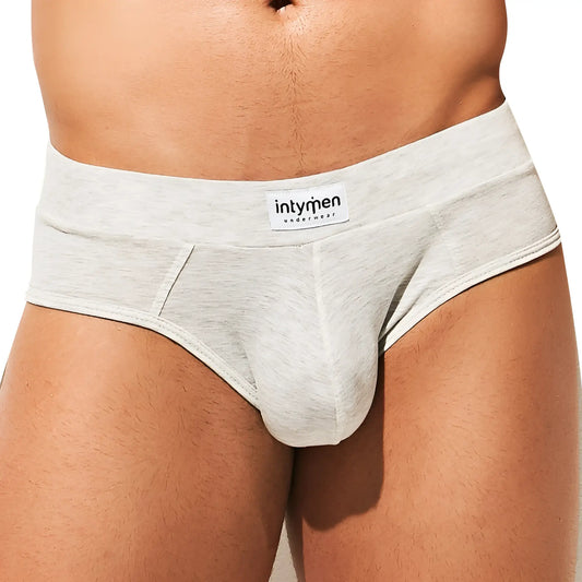 Light gray heathered cotton briefs with intymen underwear label on waistband in Intymen INJ076 brief design