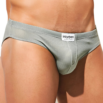 Gray mesh briefs with a white intymen underwear label designed for comfort and breathability in the inj078 brief