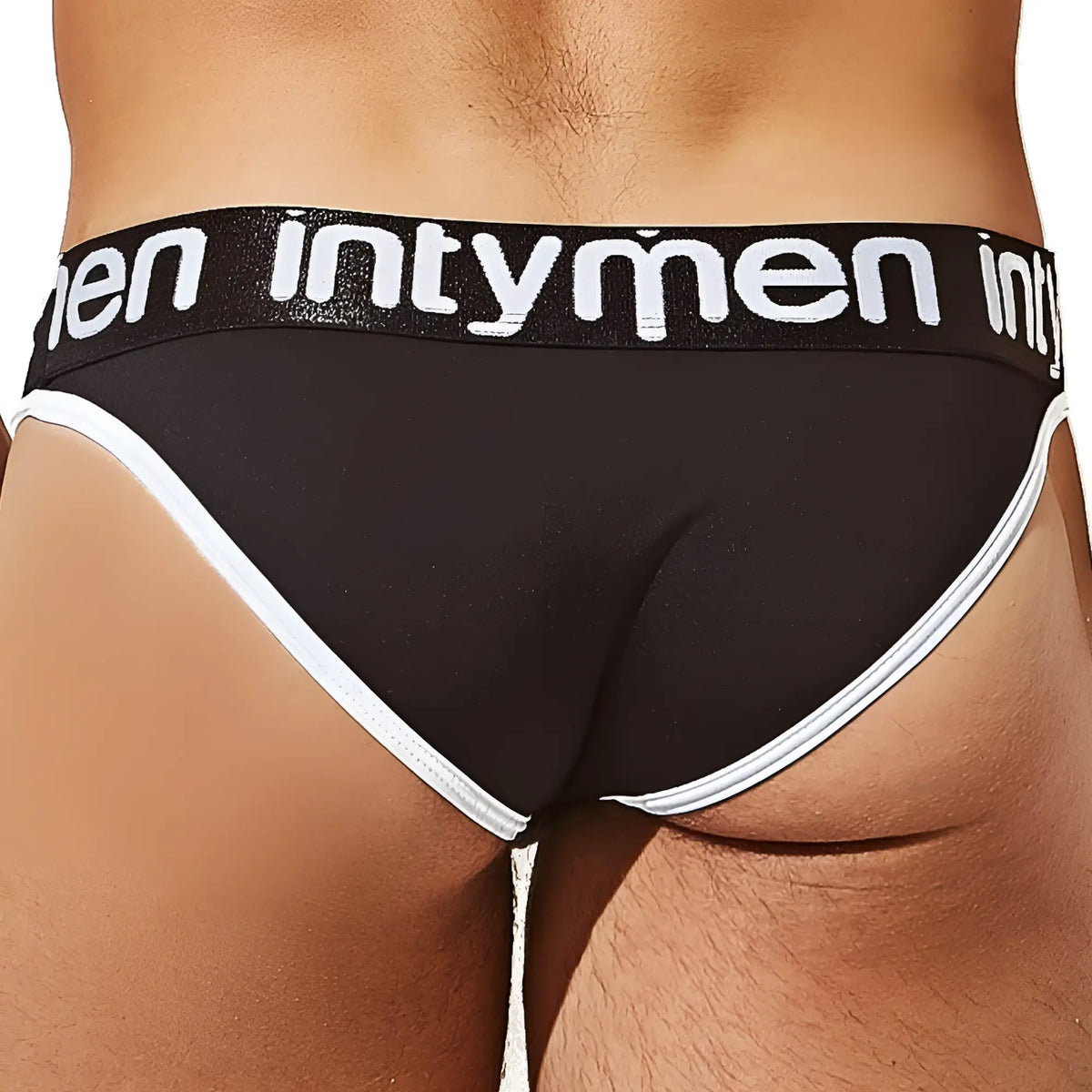 Black menâ€™s bikini briefs with white trim and intymen branded waistband in cotton blend material
