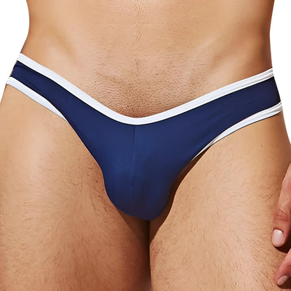 Navy blue thong with white trim by Intymen INJ082 bikini brief showing front side design and fit