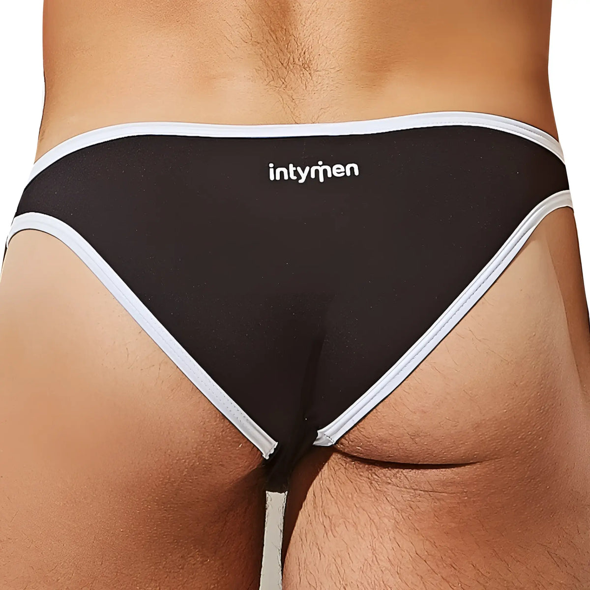 Black intymen inj083 bikini brief back side with white trim and intyren logo printed on comfortable fabric
