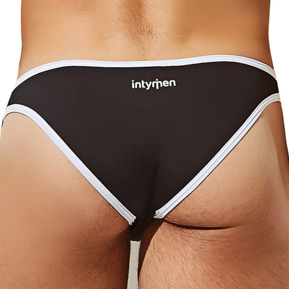 Black intymen inj083 bikini brief back side with white trim and intyren logo printed on comfortable fabric