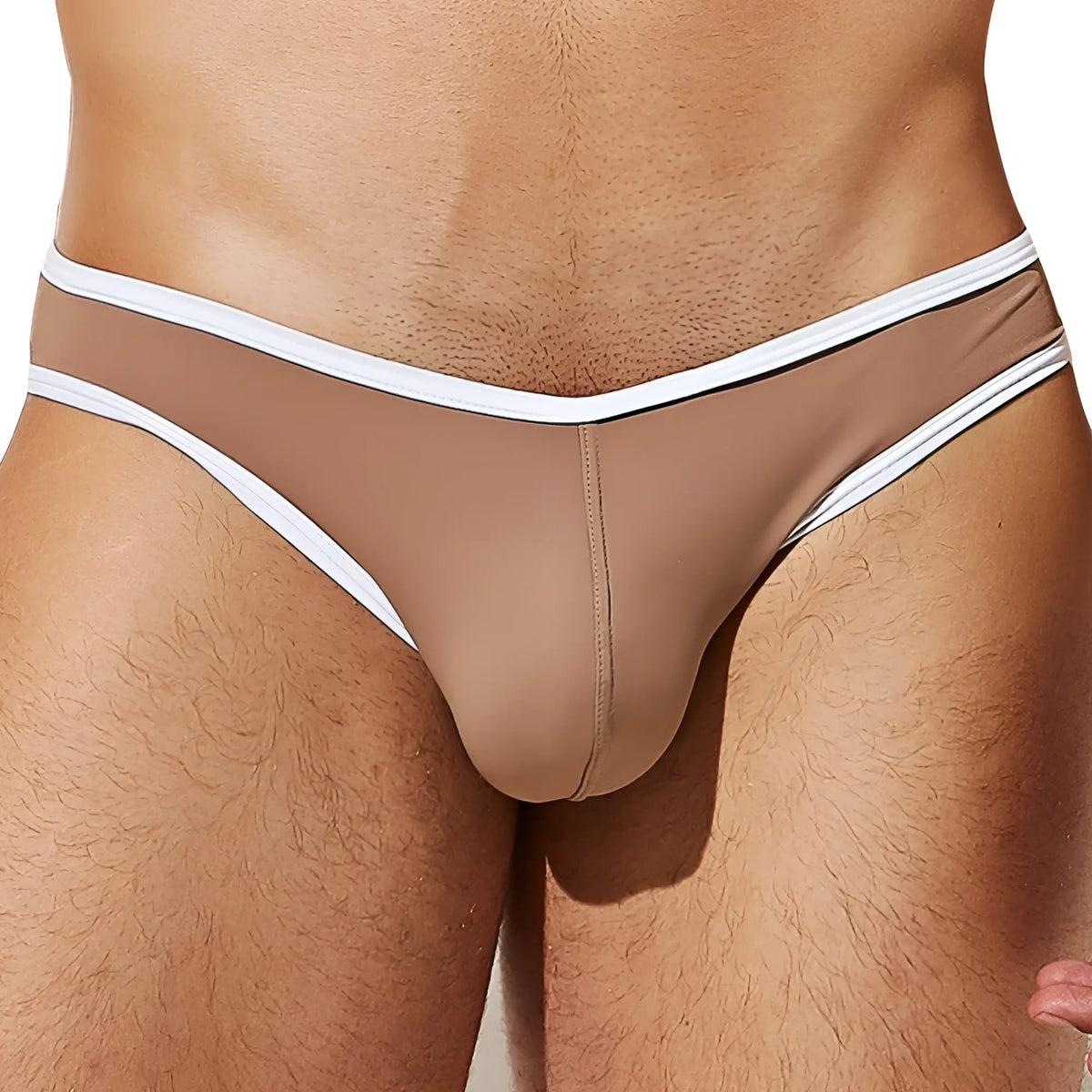Tan briefs with white trim by intymen inj083 bikini brief showing front with soft stretch fabric and minimalist design
