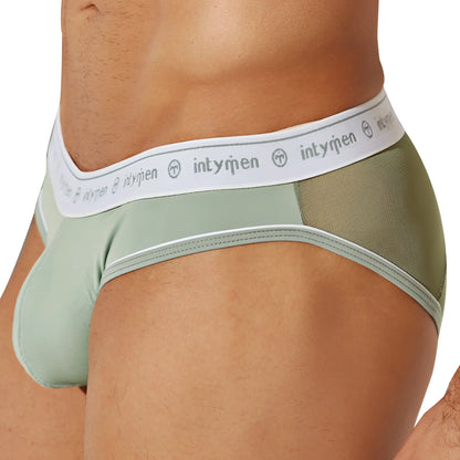 Mint green and olive mesh briefs with a white elastic waistband featuring the intymen brand logo in inj086 style