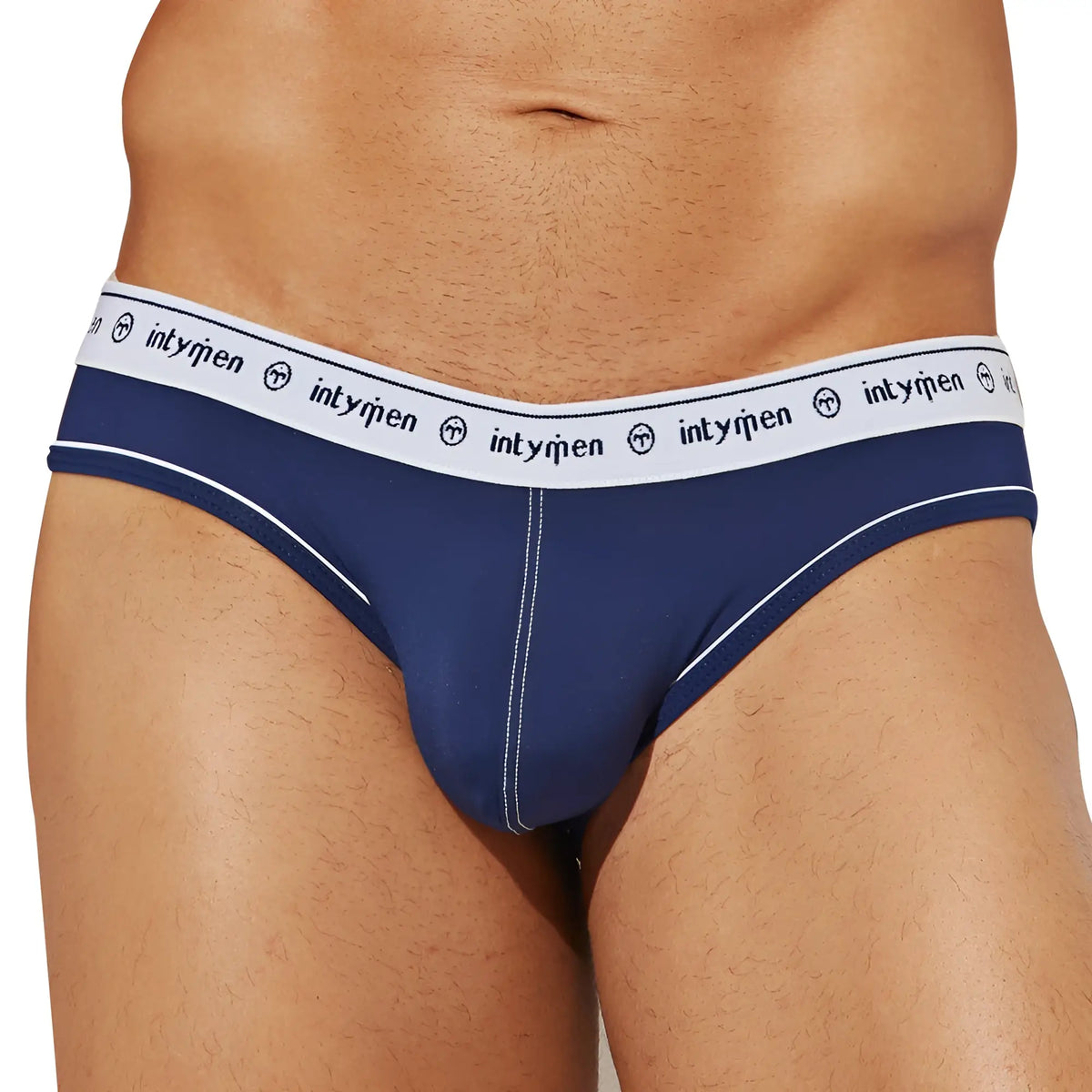 Navy blue Intymen INJ086 brief with white elastic waistband featuring repeating logo and brand emblem