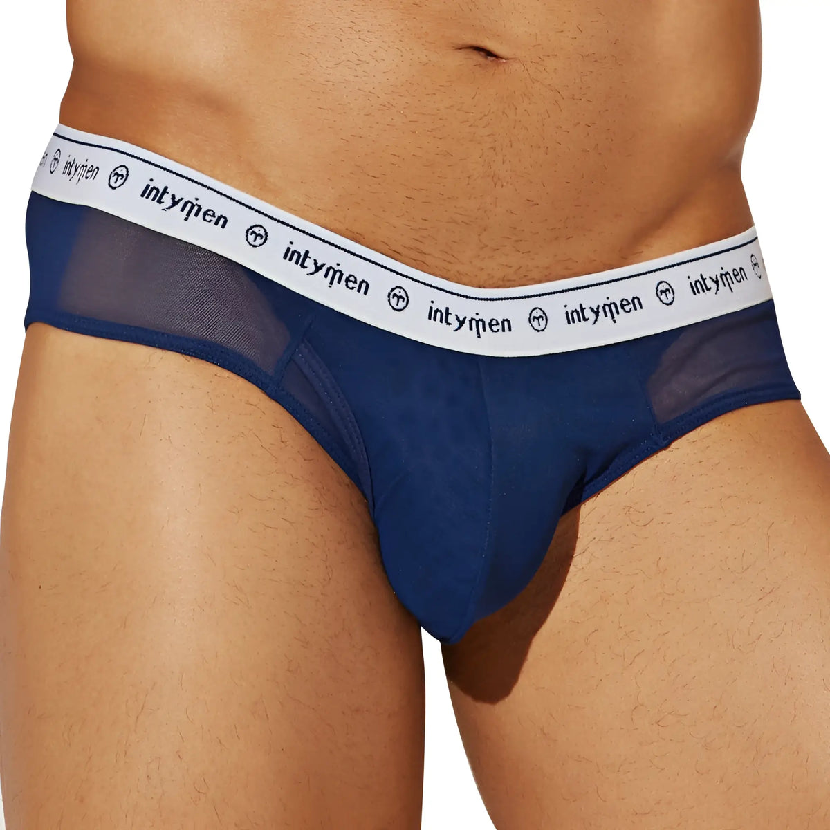 Navy blue mesh briefs with white elastic waistband featuring intymen branding from the Intymen INJ087 Brief line