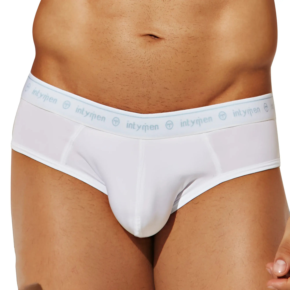 White Intymen INJ088 briefs with light gray waistband featuring repeated Intymen logo for comfortable wear