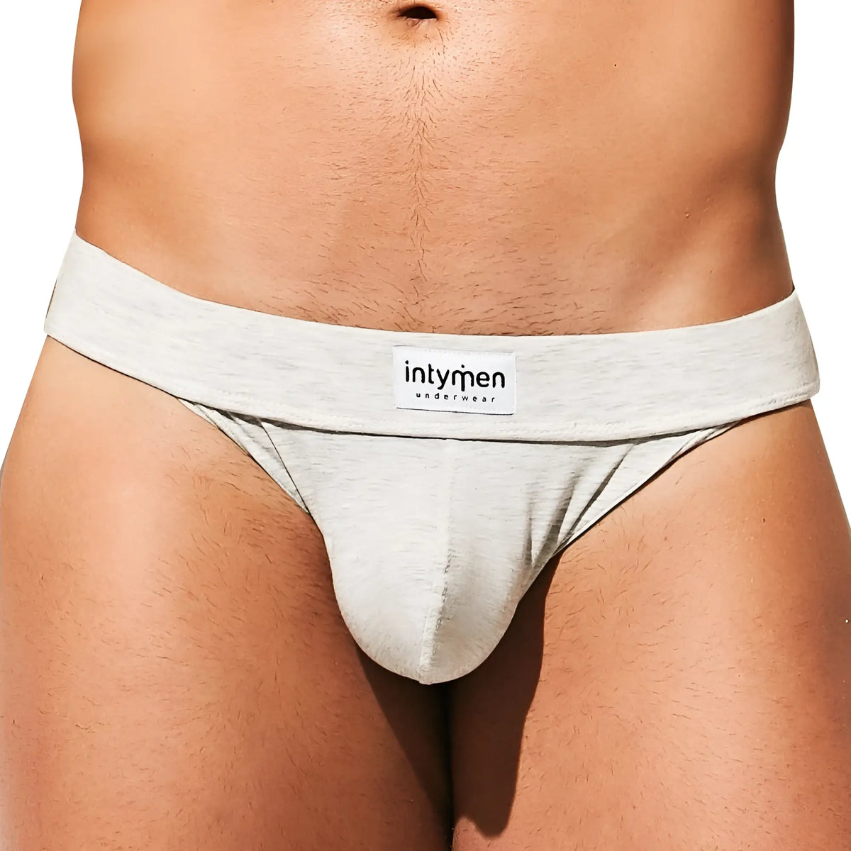 Light gray textured fabric briefs with a white intympen underwear label on the waistband for men