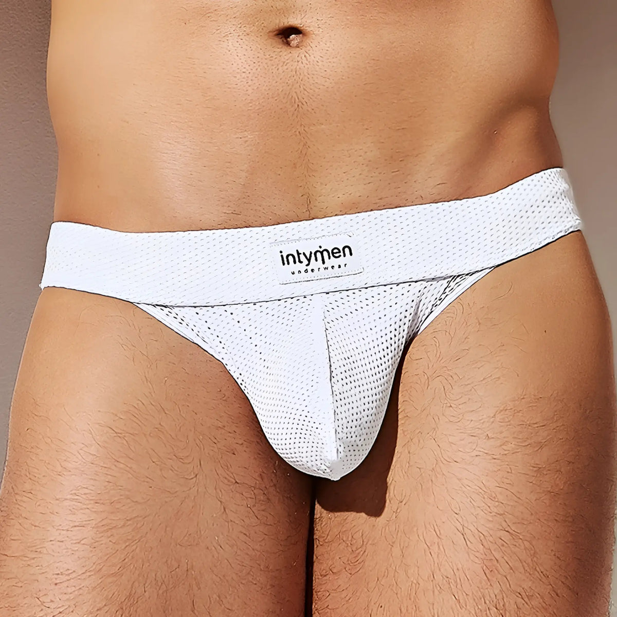 White mesh thong brief with intymen underwear branded label lightweight breathable menâ€™s underwear