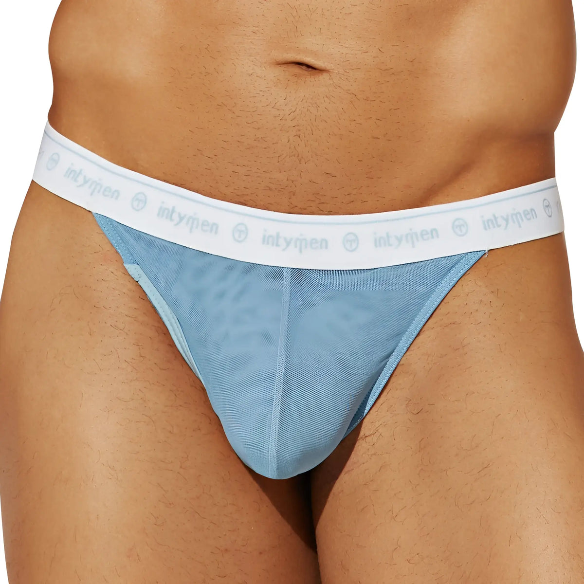 Light blue mesh briefs with a white elastic waistband featuring the intymen brand logo in Intymen INK016 thong