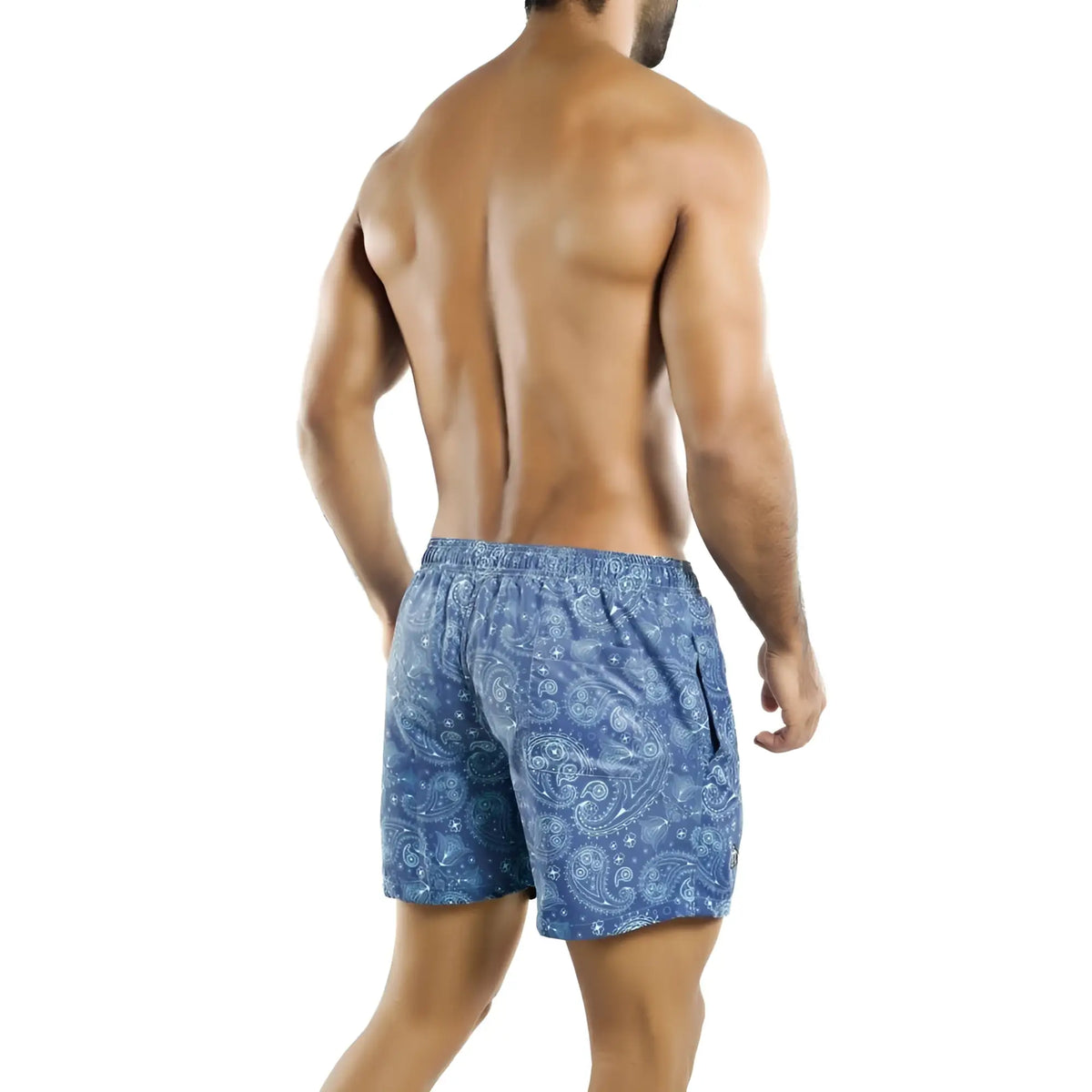 Blue swim trunks with a white paisley pattern by Intymen ideal for beach and pool swimwear