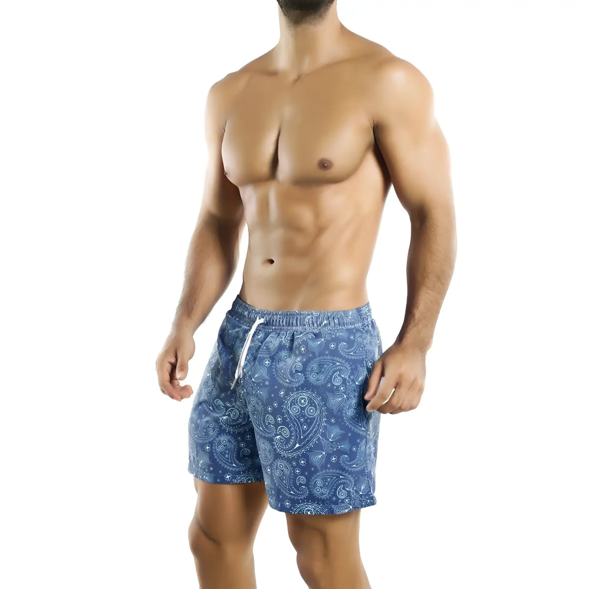 Intymen INO009 blue swim trunks with white paisley pattern and elastic waistband for comfortable swimwear use