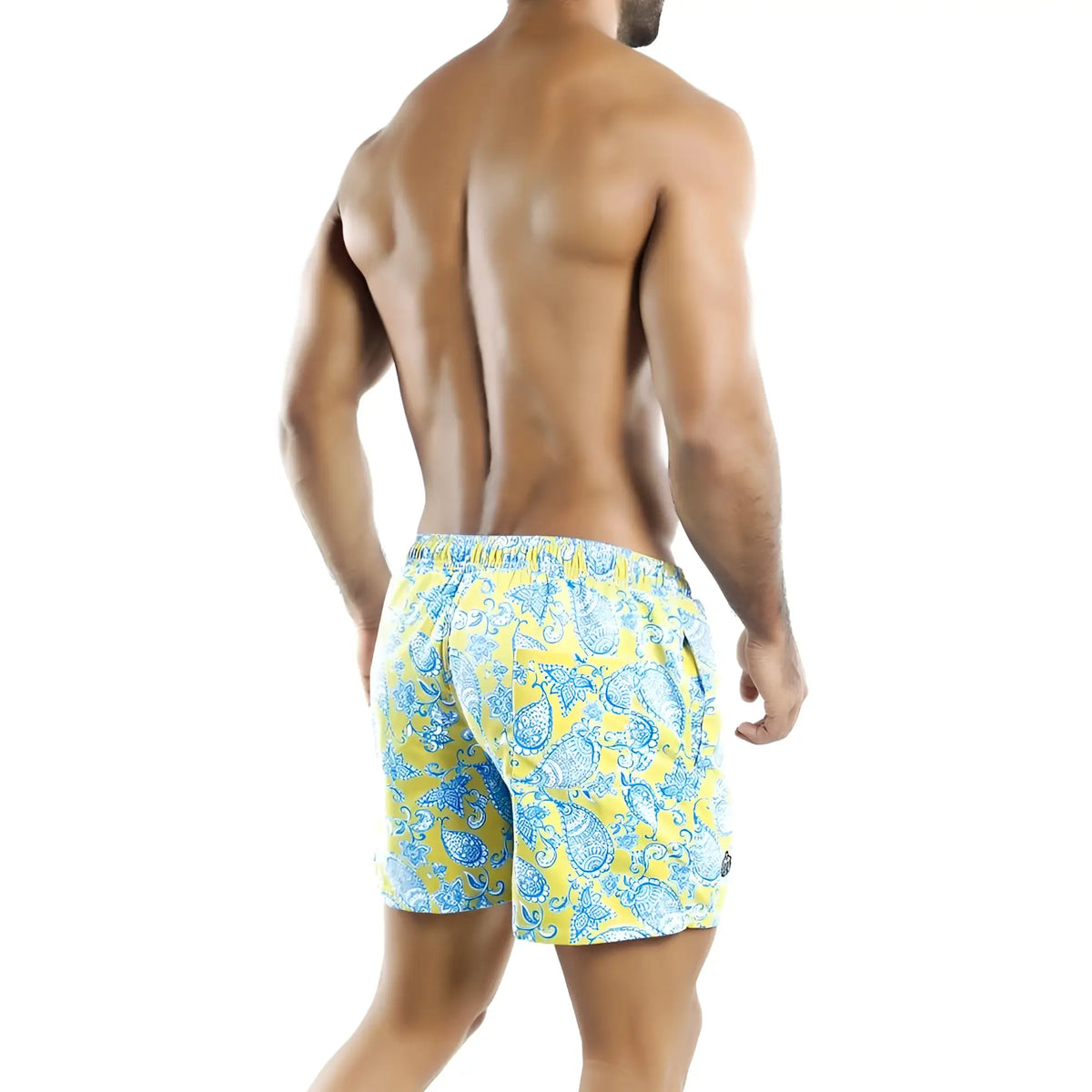 Bright yellow intymen ino011 swimwear swim trunks with bold blue paisley pattern ideal for beachwear