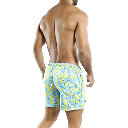 Bright yellow intymen ino011 swimwear swim trunks with bold blue paisley pattern ideal for beachwear