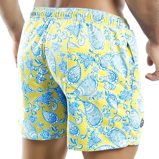 Bright yellow Intymen INO011 swim trunks with intricate blue and white paisley pattern for beachwear