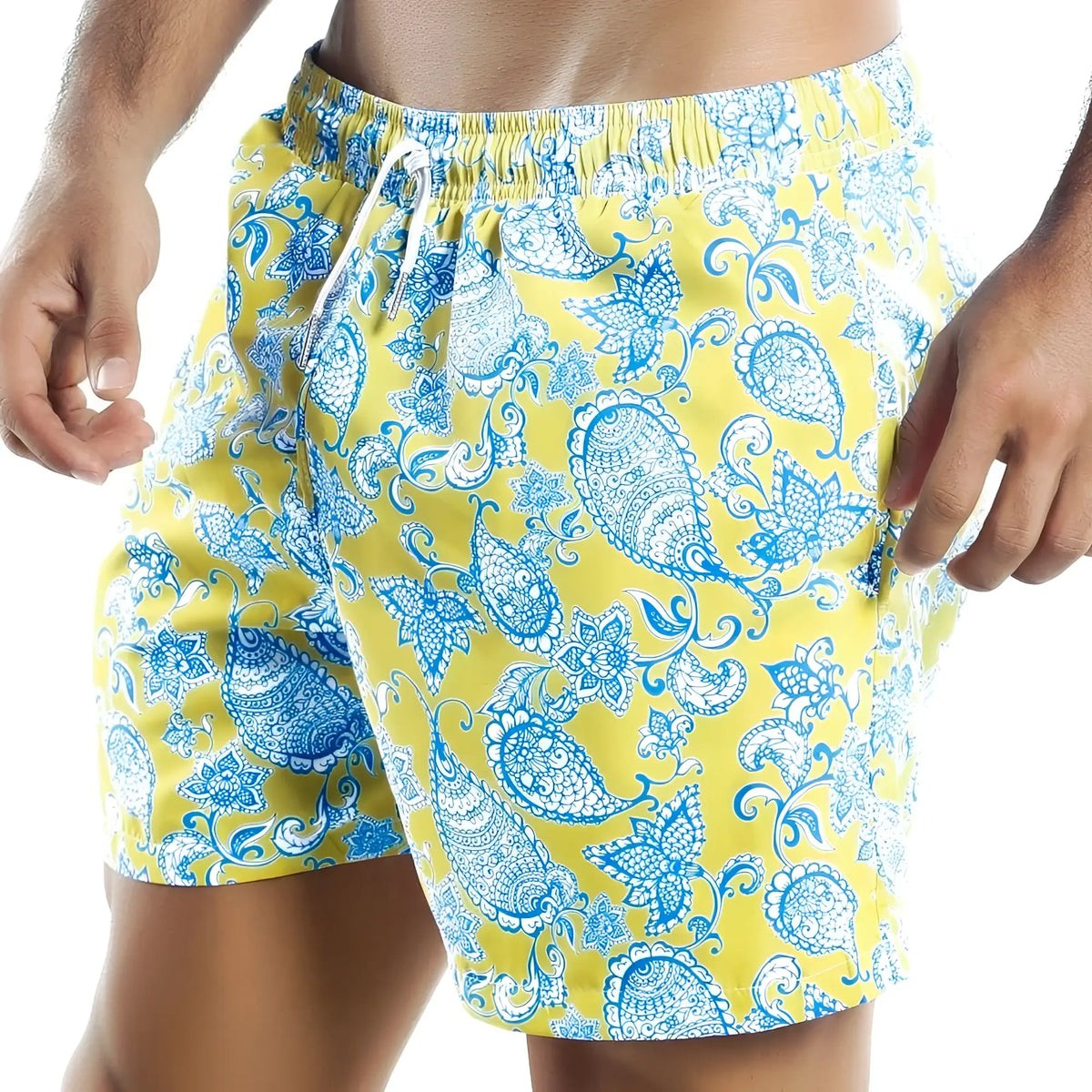 Bright yellow Intymen INO011 swim trunks with vibrant blue and white paisley pattern elastic waistband and drawstring