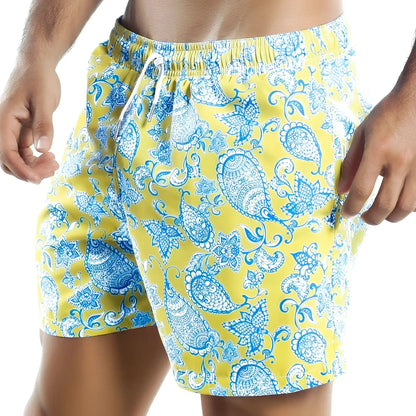 Bright yellow Intymen INO011 swim trunks with vibrant blue and white paisley pattern elastic waistband and drawstring