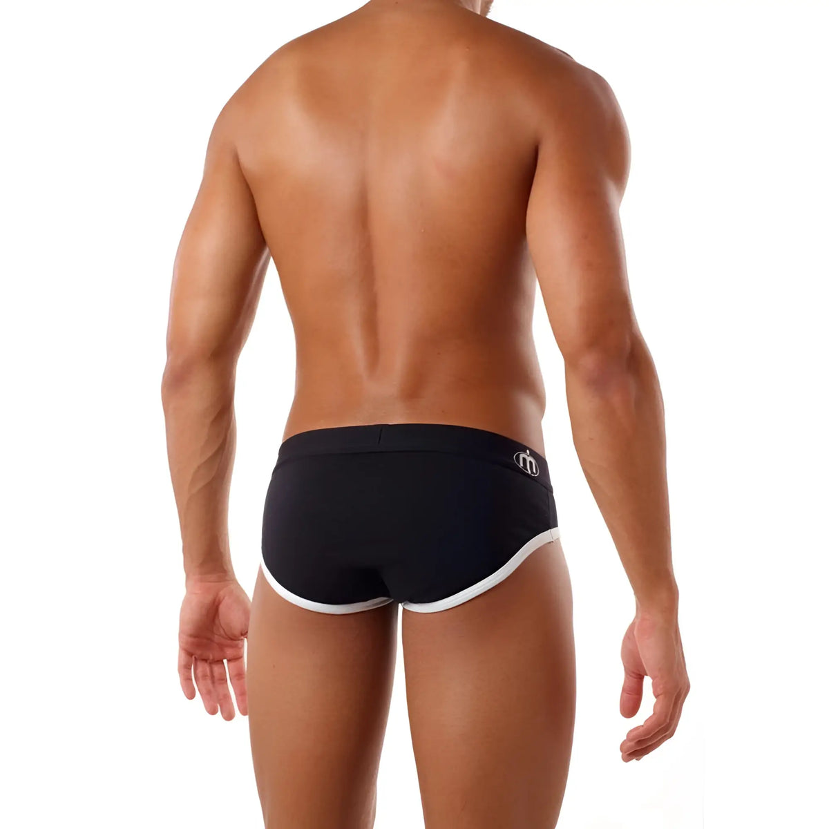 Black Intymen INT6300 brief swim trunks with white trim and small logo on waistband designed for swimming