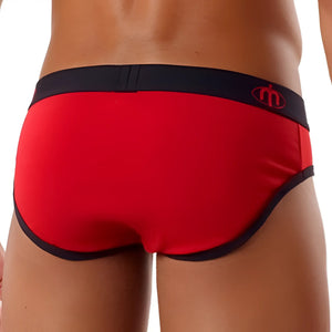 Red menâ€™s briefs intymen int6300 with black trim and small red logo on waistband in soft breathable fabric